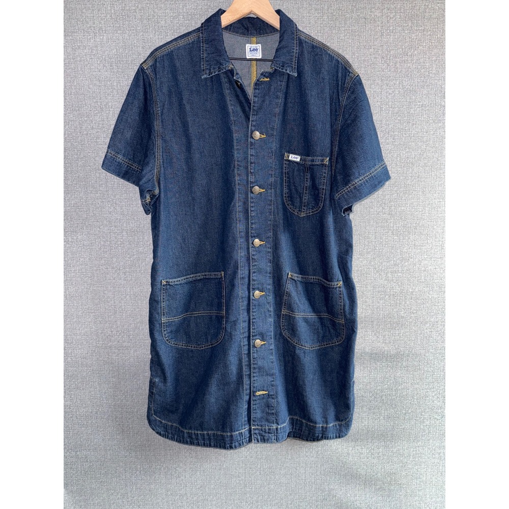 Women'a Lee Size L Denim Shirt Dress Blue Short Sleeve Workwear Utility Chore